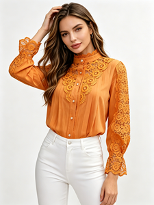 เสื้อเชิ้ตแขนยาวผู้หญิงสีส้มหรูหรา ตกแต่งด้วยลูกไม้ ติดกระดุม คอตั้ง สไตล์ลำลอง สำหรับใส่ในชีวิตประจำวัน - Product Image 5