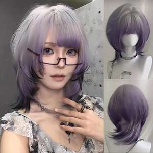 Peluca degradada gris púrpura estilo Wu Mi, larga y recta con flequillo lateral, densidad del 130%, línea de cabello natural, fibra Kanekalon - Product Image 1