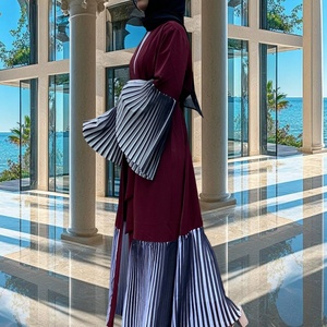 Abaya Modeste en Tissu Nida avec Empiècements en Chiffon Rayé, Manches Amples, Cardigan Musulman Islamique Printemps-Été 1889 # - Product Image 2