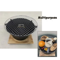 Barbecue au charbon de bois multifonctionnel en fonte IKW - Poêle à barbecue de table portable avec base en bois massif pour le camping, les pique-niques, la cuisson à domicile