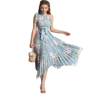 New Design One Shoulder Party Belted Pleated Dress Asymmetrical Hemline Floral Dress Women