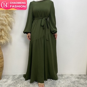6738# New Basic Closed Abaya Crew Neck Wrinkle Crepe Fabric Muslim Women <b>Maxi</b> Dresses With Elasticated Balloon Sleeves 6 Colors - Product Image 1