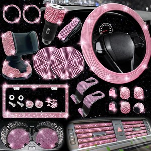27-Piece Bling Car Accessories Set - Universal Fit Steering Wheel Covers, License Plate Frames, Phone Holder, Car Fast Charger