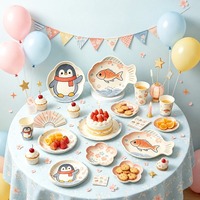 Assiettes en papier pour fête, pique-nique, repas en plein air, ensemble de vaisselle jetable, motif pingouin, poisson rouge, fleur de cerisier, 9 pièces