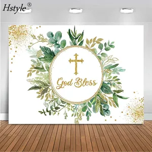 Fondo de Fotografía Hstyle Dios Bendiga, Hojas Verdes, Decoración para Primera Comunión, Baby Shower, Bautizo, Fiesta de Bautismo - Product Image 3