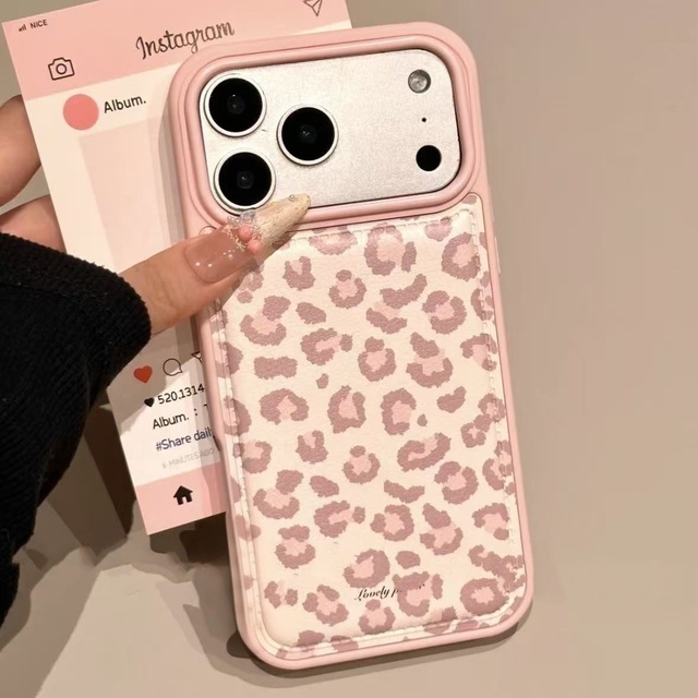 For 17 16 15 14 13 12 11 Pro Max Phone Case Cover Leather TPU Shockproof INS Sweet Pink Leopard Print Fashion