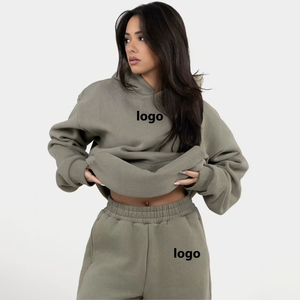 Ensemble survêtement décontracté pour femme en molleton vert olive à capuche, coupe ample, manches longues, couleur unie, 100 % coton - Product Image 1