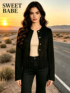 Sweet Babe <b>Suede</b> Cropped <b>Jacket</b> with Fringe Detail Button Front Vintage Casual Outerwear for <b>Women</b> - Product Image 1