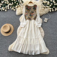 Ensemble 2 pièces élégant pour femme : Gilet floral style français et robe midi à manches longues, taille ajustée, idéal pour le printemps et l'automne