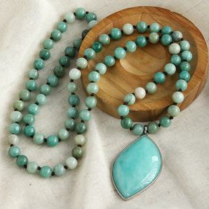 Moda donna <span class=keywords><strong>collana</strong></span> etnica boema gioielli tribali pietre di amazzonite <span class=keywords><strong>collana</strong></span> lunga <span class=keywords><strong>con</strong></span> ciondolo in corno di bue di pietra annodata - Product Image 2