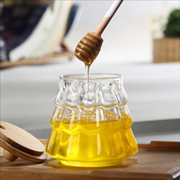 Bocaux de rangement pour la cuisine en verre borosilicate, distributeur de miel, bouteilles transparentes, pots en verre vides pour miel avec couvercles et cuillères.
