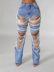 Nuovi <span class=keywords><strong>Jeans</strong></span> Strappati alla Moda <span class=keywords><strong>con</strong></span> Strass Y2K a Vita Alta Elasticizzati <span class=keywords><strong>con</strong></span> Perline per Donna - Product Image 1