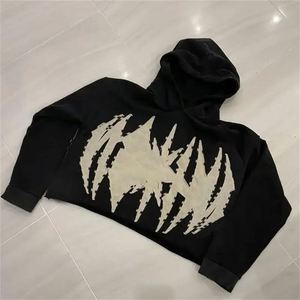 Vente en gros, logo personnalisé, patch brodé vintage, épaule tombante, ourlet brut, streetwear, pull à capuche unisexe - Product Image 1