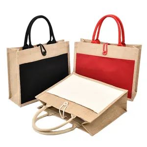 Commercio all'ingrosso promozionale personalizzato logo lino juta borse tote con tela tasca canapa shopping bag