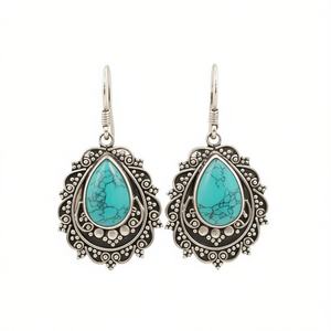 Pendientes de Turquesa E4027, Plata 925, Acabado Antiguo, Estilo Vintage, Joyería para Mujer, Uso Diario, Engaste de Bisel, Forma de Gota de Agua - Product Image 1