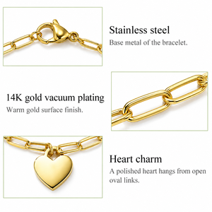 Pulsera de Corazón con Clip, Cadena de Eslabones Abiertos de Acero Inoxidable con Dije de Corazón Pulido, Baño de Oro de 14K al Vacío - Product Image 2