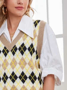 Wholesale High Quality Custom Cotton V Neck Sleeveless Knitted Women <strong>Argyle</strong> Vest <strong>Sweater</strong> - Product Image 6