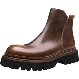 Botas de cuero genuino de alta gama, elegantes botas de trabajo con punta redonda, botas cortas casuales con cremalleras, zapatos para hombre - Product Image 5