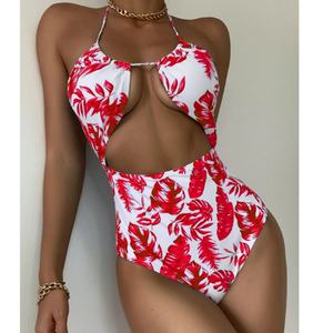Ensemble de bikini une pièce personnalisé pour femme avec découpe en anneau métallique, bretelles spaghetti, string brésilien, imprimé à pois uni - Product Image 6