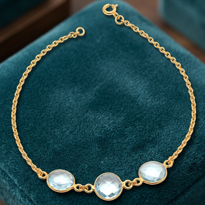Brass Triplet <b>Chain</b> Bracelet with Blue Crystal Gemstones Delicate Children's Ethnic Bracelet with Three Blue Crystal Stones - Product Image 3