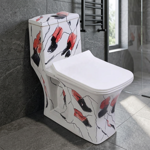 WC monobloc personnalisable en céramique avec siphon en S, design lignes or, blanc et noir, à poser au sol - Product Image 1