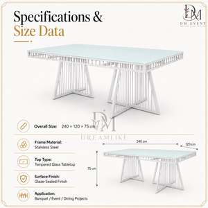 Mesa de Comedor Moderna de Acero Inoxidable Plateado con Cubierta de Vidrio Transparente y Base Doble Geométrica, Proveedor Mayorista para Banquetes y Eventos - Product Image 4