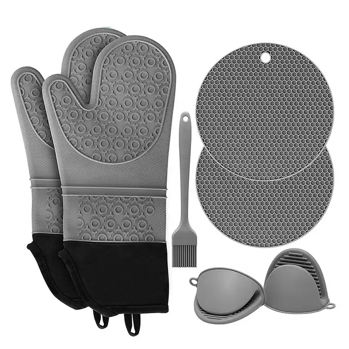 Heat-Resistant Oven Mitts - Set of 2 Silicone Kitchen Oven Mitt Gloves,  Grey