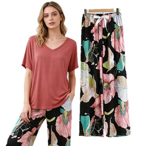 <span class=keywords><strong>Pyjama</strong></span> <span class=keywords><strong>en</strong></span> modal pour femme, style printemps-été, taille élastique avec lien, vêtements de détente, manches courtes, imprimé floral, pantalon large, ensemble <span class=keywords><strong>pyjama</strong></span> - Product Image 5