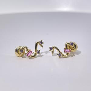 Tianyu Gems Classic Gold Plated Brass <b>Emerald</b>-Cut Round Zircon <b>Stud</b> <b>Earrings</b> with Animal Design Subtly Luxurious Pinkish-Purple - Product Image 3