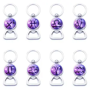 12 Zodaic Teken Hanger Sleutelhanger Ster Teken Horoscopen Tijd Gem Glas Cabochon Sleutelhanger Creatieve Bier Flesopener Sleutelhangers