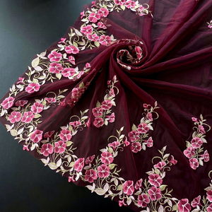 Tela de Tul Ligero con Bordado de Flor de Pansy Borgoña, Tejido de Punto, Encaje Floral con Diseño de Espiral para Vestidos de Novia - Product Image 1