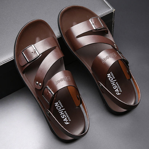 High Quality Men's PU Leather flat sandals Summer Outdoor beach causal walking Slides <b>Slippers</b> non-slip soft soles men's sandals - Product Image 3