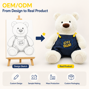 Orsacchiotto di Peluche con Salopette in Denim <span class=keywords><strong>e</strong></span> Ricamo, <span class=keywords><strong>Orsetto</strong></span> <span class=keywords><strong>Bianco</strong></span> Crema in Jeans per Regalo Personalizzato - Product Image 1