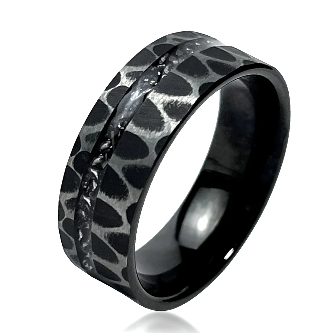 Golden Supplier Black 8mm Hammered Tungsten Carbide Ring Inlay Meteorite for Mens Women Fashion Wedding Band Rings Jewelry Gift