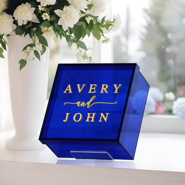 3D Raised Acrylic Name Wedding Box Custom Transparent Blue Bridesmaid Memory & Anniversary Keepsake Rose Flower Gift Storage