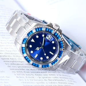 Montre mécanique automatique NH35 sans logo, personnalisée, avec cadran serti de diamants, submersible, bleue, étanche 10 bars, montre-bracelet de luxe pour homme - Product Image 2