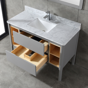 Minimalist Grey Freestanding Bathroom Vanity Marble Wash Basin Cabinet with Grey Frame <b>Mirror</b> for Home Apartment Renovation - Product Image 5