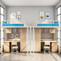 Meubles modulaires pour dortoirs universitaires : armoire en bois, étagères intégrées, système de lit en métal, lits mezzanine avec bureau