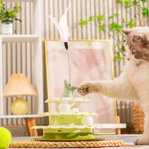 Hagou Pet <b>Cat</b> Spinner Three Tiered <b>Interactive</b> <b>Toy</b> With Feather Teaser For <b>Cats</b> Boredom Buster - Product Image 1