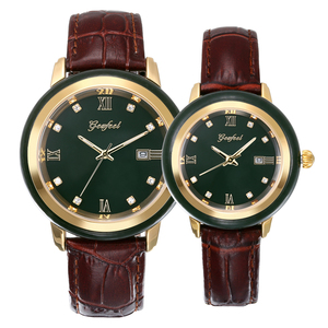 Montre de couple étanche 30M avec mouvement à quartz japonais et placage IP, cadran en jade Hetian vert et bracelet en cuir véritable, montres de luxe pour couple - Product Image 1