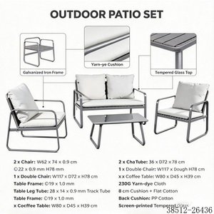 Ensemble de jardin moderne en acier pour l'extérieur, canapé 4 places avec table basse, coussins blancs, résistant aux intempéries, modèle 38512-26436 - Product Image 2