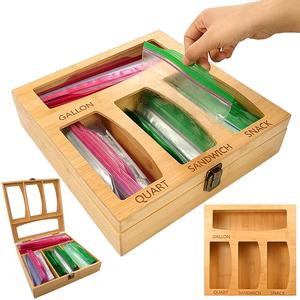Ziplock Bag Storage Organizer for Kitchen Drawer with Open Lid Wooden Baggie Box Food Storage Bag Holders Plastic Bag Dispenser