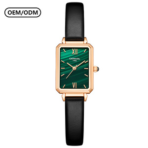 Montre carrée fine pour <span class=keywords><strong>femme</strong></span> I&W CARNIVAL OEM ODM, cadran vert malachite, boîtier en acier rose, bracelet en cuir, montre-bracelet à quartz personnalisée - Product Image 1