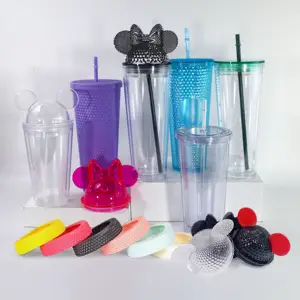 Großhandel doppelwandige Acryl klar 12oz Mini Mickey Minnie Cup Maus Kopf Ohr Becher Tasse mit Kuppel deckel