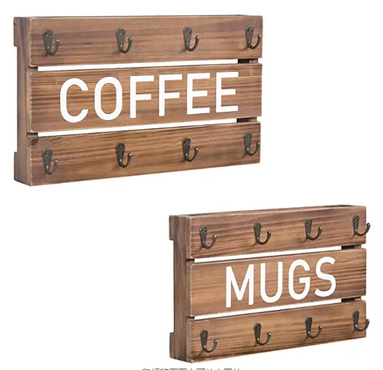 Household Kitchen Coffee Cup Mugs Metal Hook Wood Wall Mounted Organizer Storage Rack Wooden Wall Storage Shelf