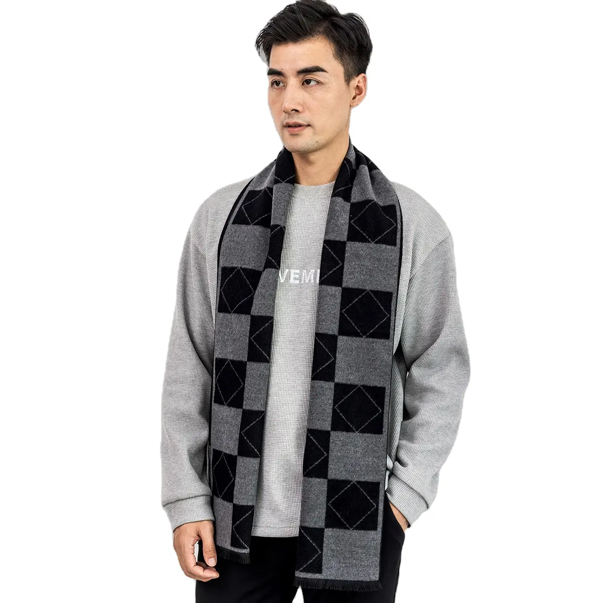 Bufanda de hombre a cuadros de lujo de lana con patrón negro a cuadros de alta calidad para hombre bufanda a cuadros