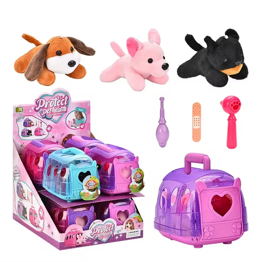 Educational Cartoon toy stuffed plush dog pet gift pretend play care tools set doctor portable Pet Plush Dog Medical Cage