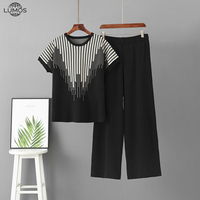 Haut tricoté à manches courtes brodé rayé Lumos pour femme, style européen et américain, et pantalon ample taille haute à jambes larges