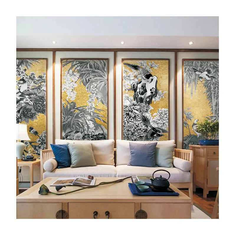 ZF Gold Mosaik fliesen Hintergrund Orchidee Bambus und Chrysantheme Mosaik Wandbild Blume und Vogel Muster für Wand dekoration