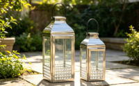 Lanterne en verre en acier inoxydable, porte-bougie décoratif, compatible avec les lumières LED pour mariage, patio, décoration de la maison